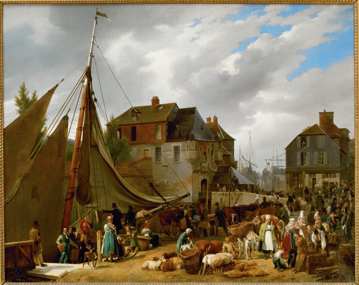 Embarque de gado no navio "Le Passager" no porto de Honfleur, França ... de Auguste Xavier Leprince