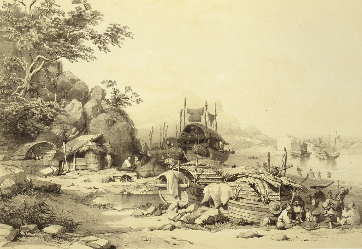 House Boats na Baía de Cowloon, placa 6 de Sketches of China, gravada por Eugene Ciceri (1813-90) 1842 (lito colorido) de Auguste after Borget