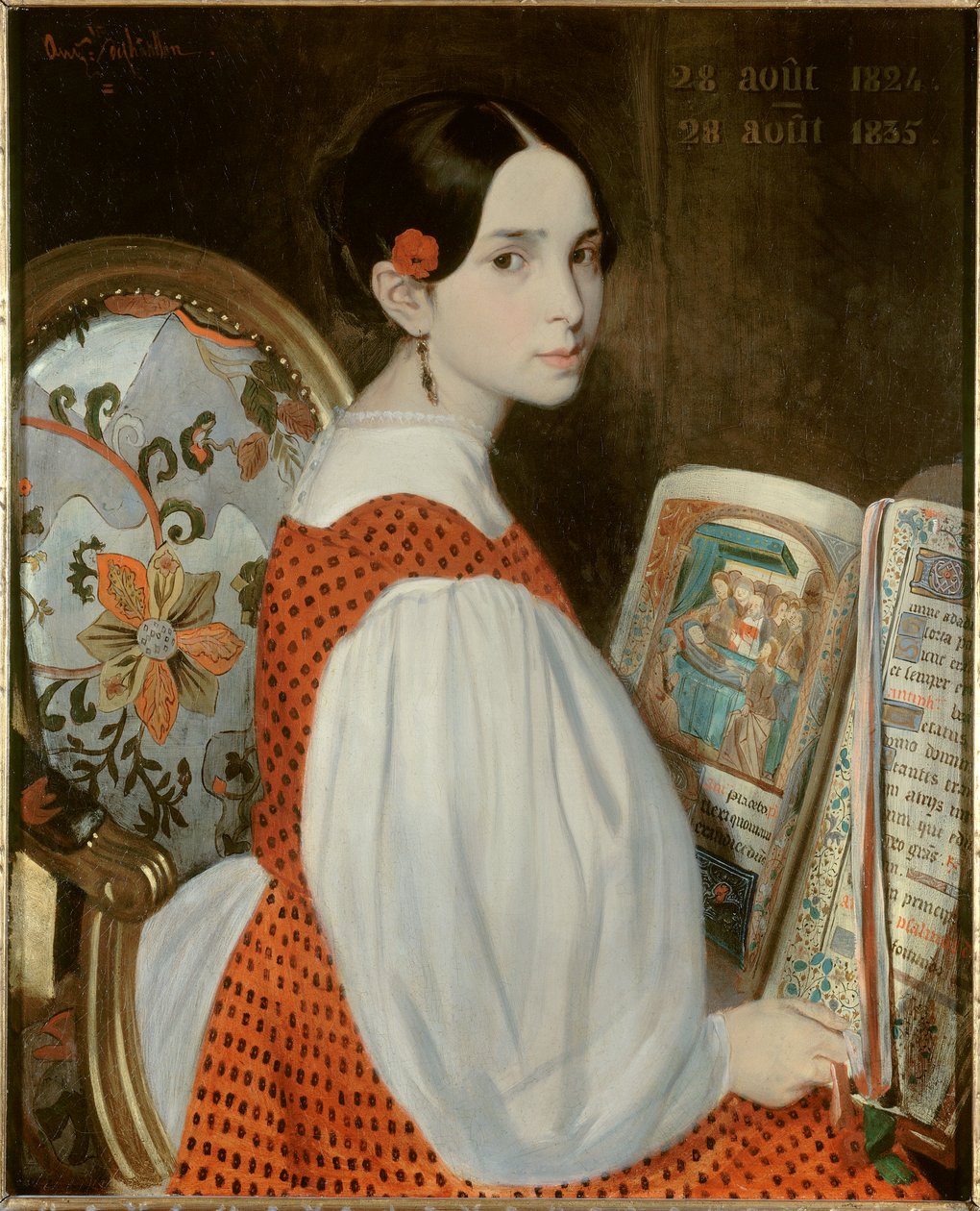 Retrato de Leopoldine Hugo (1824-1843) no livro de Heures em 28/08/1835 Retrato da filha de Victor Hugo no dia da sua primeira comunhão. Pintura de Augustus de Chatillon (1813-1881) 1835 Sol. 0,73x0,6 m. Paris, Maison Victor Hugo de Auguste de Chatillon