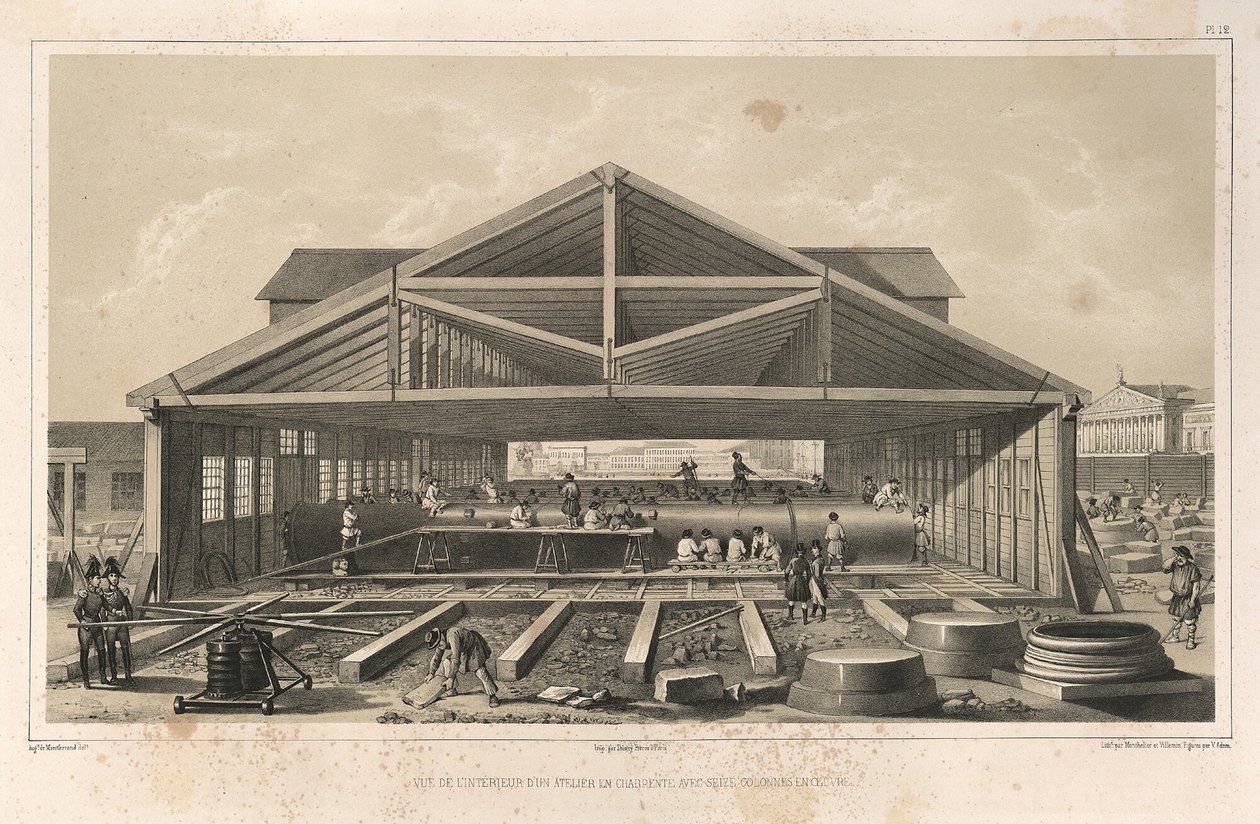Oficina de pedreiros de: A construção da Catedral de Santo Isaacs, 1845 de Auguste de Montferrand