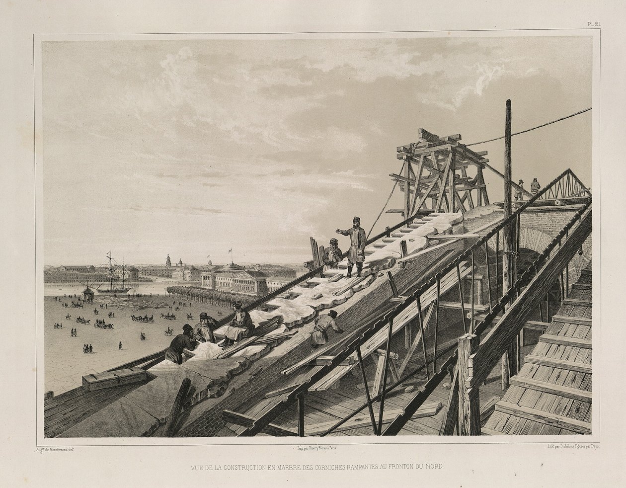 A construção da cornija de: A construção da catedral de Saint Isaacs, 1845 de Auguste de Montferrand