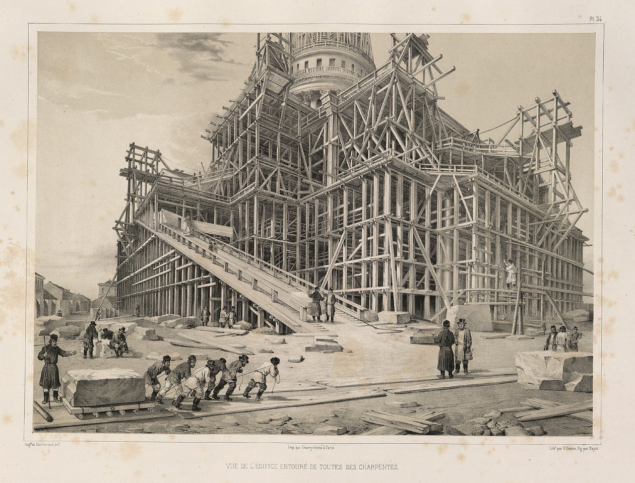 Vista da catedral cercada por andaimes de madeira De: A construção da Catedral de Santo Isaacs, 1845 de Auguste de Montferrand