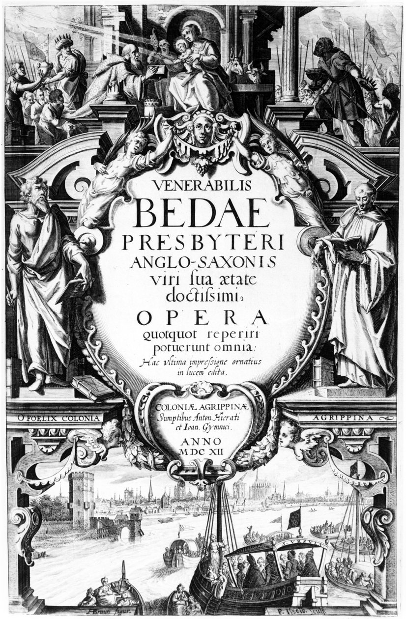 página de título para o Venerável Bede anglo-saxão, cópia feita por Peter Isselburg, publicado em Cologne, 1612 (gravura e tipografia) de Augustin Braun
