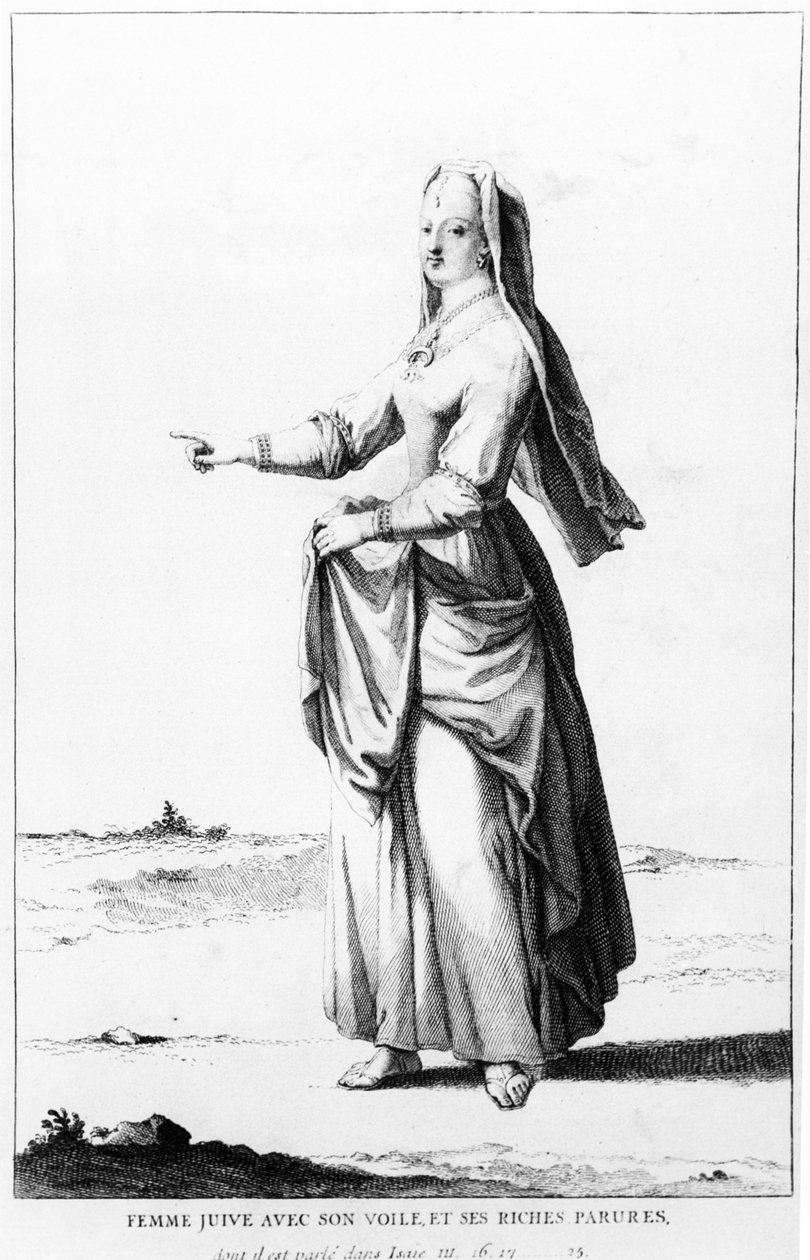 Mulher judia francesa com seu véu e seus ornamentos ricos, ilustração do Dictionnaire Historique de la Bíblia, 1722 de Augustin Calmet