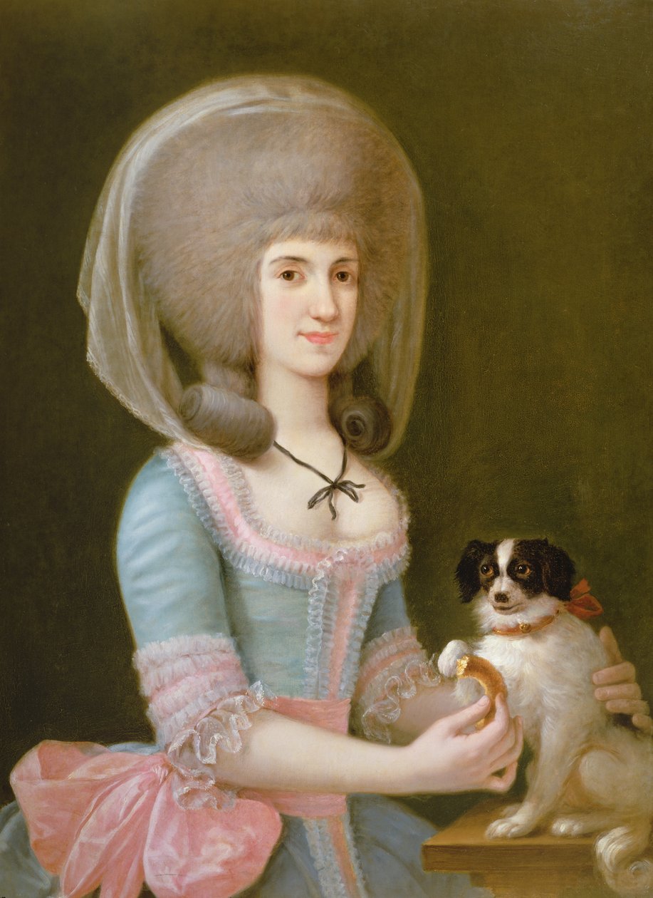 Retrato de Dona Maria Teresa Apodaca de Sisma dando um petisco ao seu cachorro de Augustin Esteve