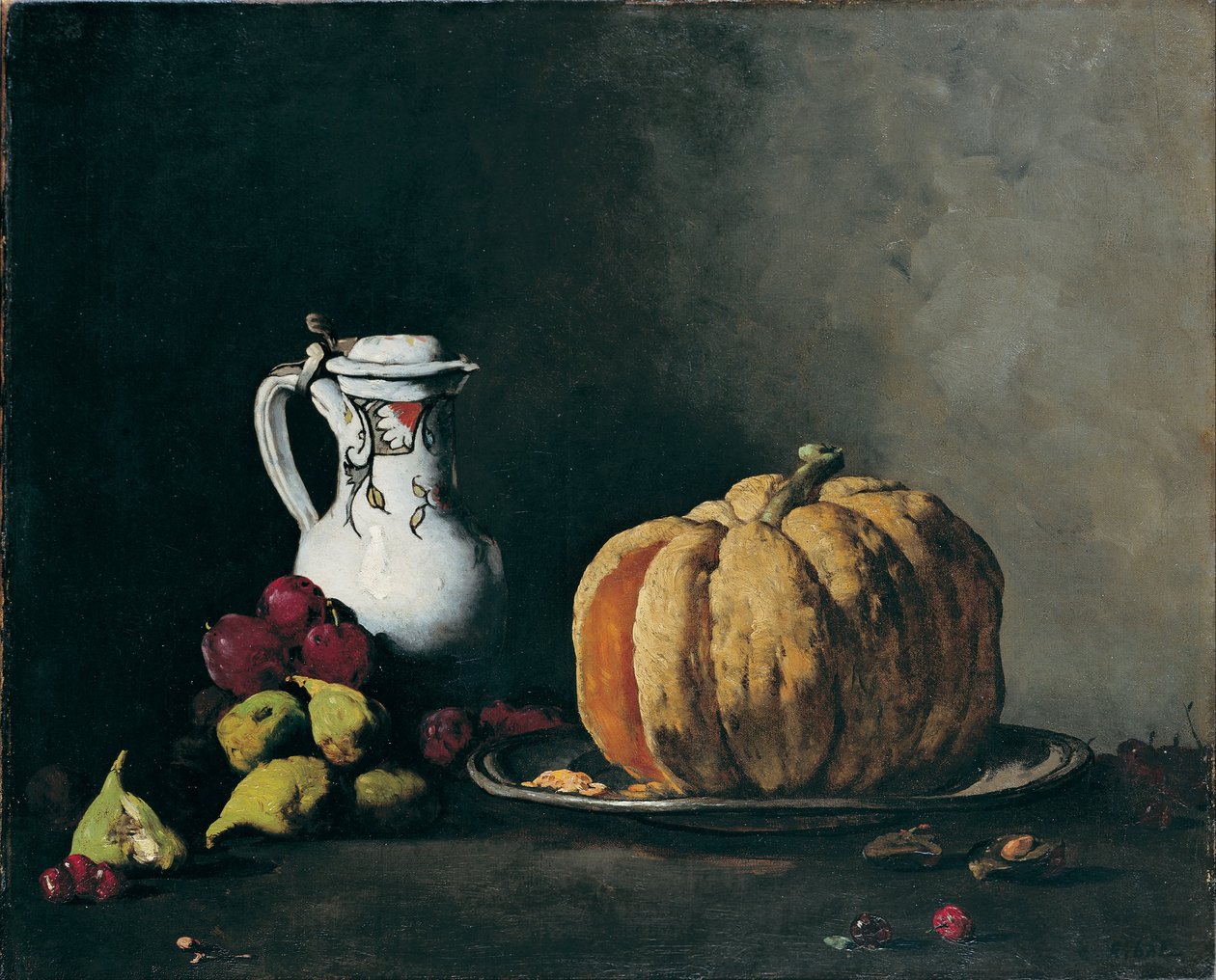 Natureza morta com abóbora, ameixas, cerejas, figos e jarro de Auguste Theodule Ribot