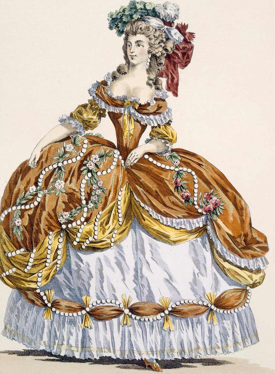 Vestido de corte grande em estilo novo, gravado por Dupin, placa 291 de &39;Galeries des Modes et Costume Francais&39;, c.1778-87 de Augustin de Saint Aubin