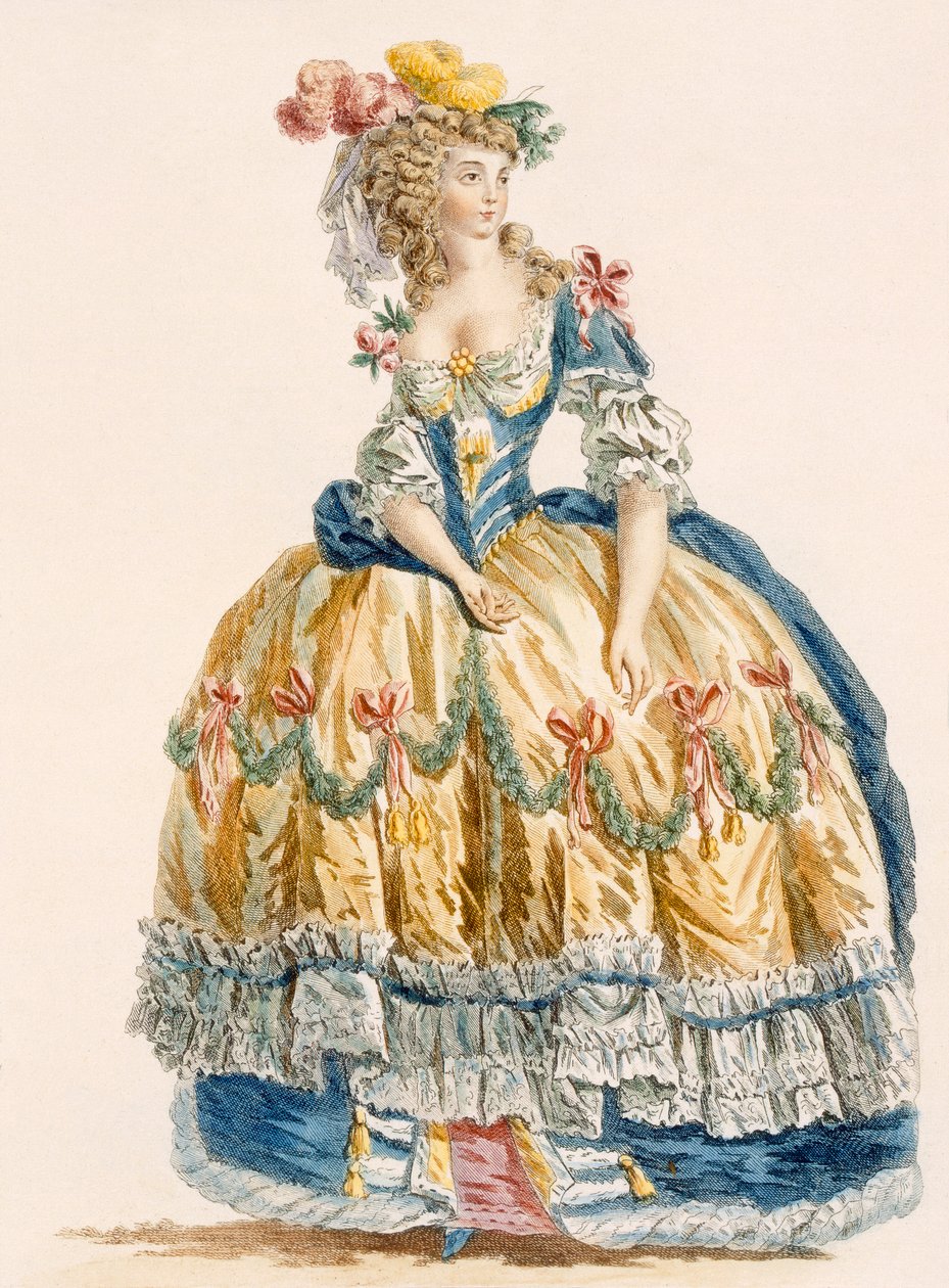 O elaborado vestido de baile de Lady, gravado por Dupin, de &39;Galeries des Modes et Costume Francais&39;, c.1778-87 de Augustin de Saint Aubin