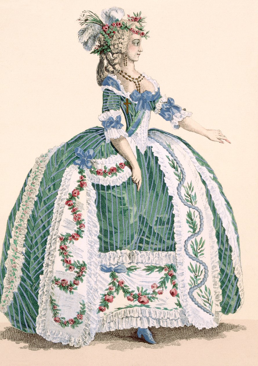 Um elaborado vestido de corte real, gravado por Dupin, placa no.272 de &39;Galeries des Modes et Costumes Francais&39;, c.1778-87 99: vestuário; vestido tradicional; traje tradicional; fashi de Augustin de Saint Aubin