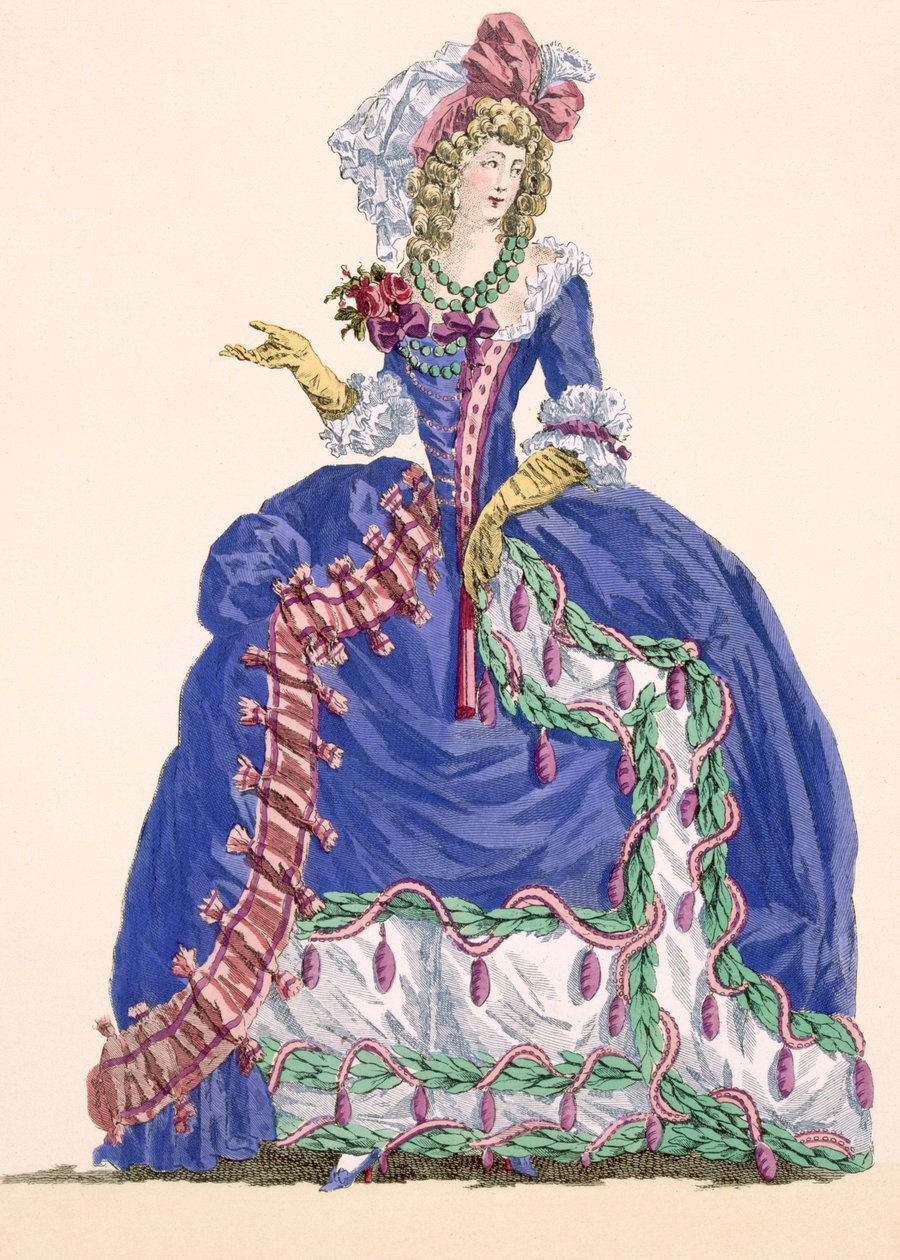 Elaborado vestido de corte em azul elétrico com rebordo de borla, gravado por Dupin, placa no.275 de &39;Galeries des Modes et Costumes Francais&39;, c.1778-87 99: vestuário; vestido tradicional de Augustin de Saint Aubin