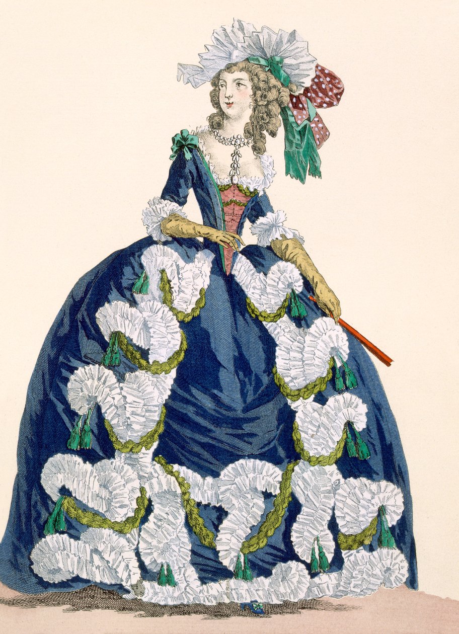 Elaborado vestido de corte real em azul marinho com luxuriante design de babado branco, gravado por Dupin, placa no.277 de &39;Galeries des Modes et Costumes Francais&39;, c.1778-87 de Augustin de Saint Aubin