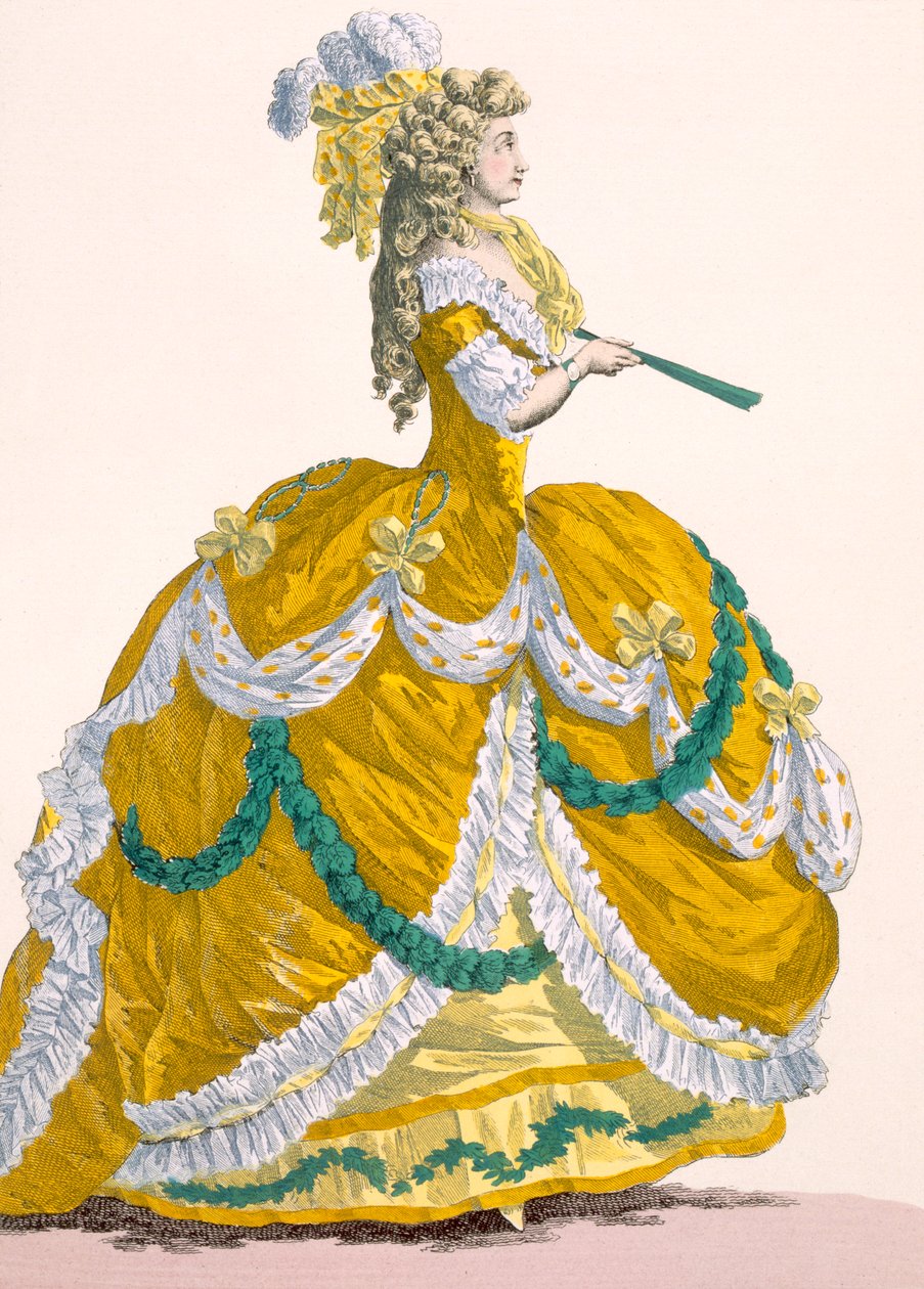 Vestido de corte de senhoras em seda amarela com rebordo branco e verde, gravado por Dupin, placa no.274 de &39;Galeries des Modes et Costumes Francais&39;, c.1778-87 99: vestuário; tradi de Augustin de Saint Aubin