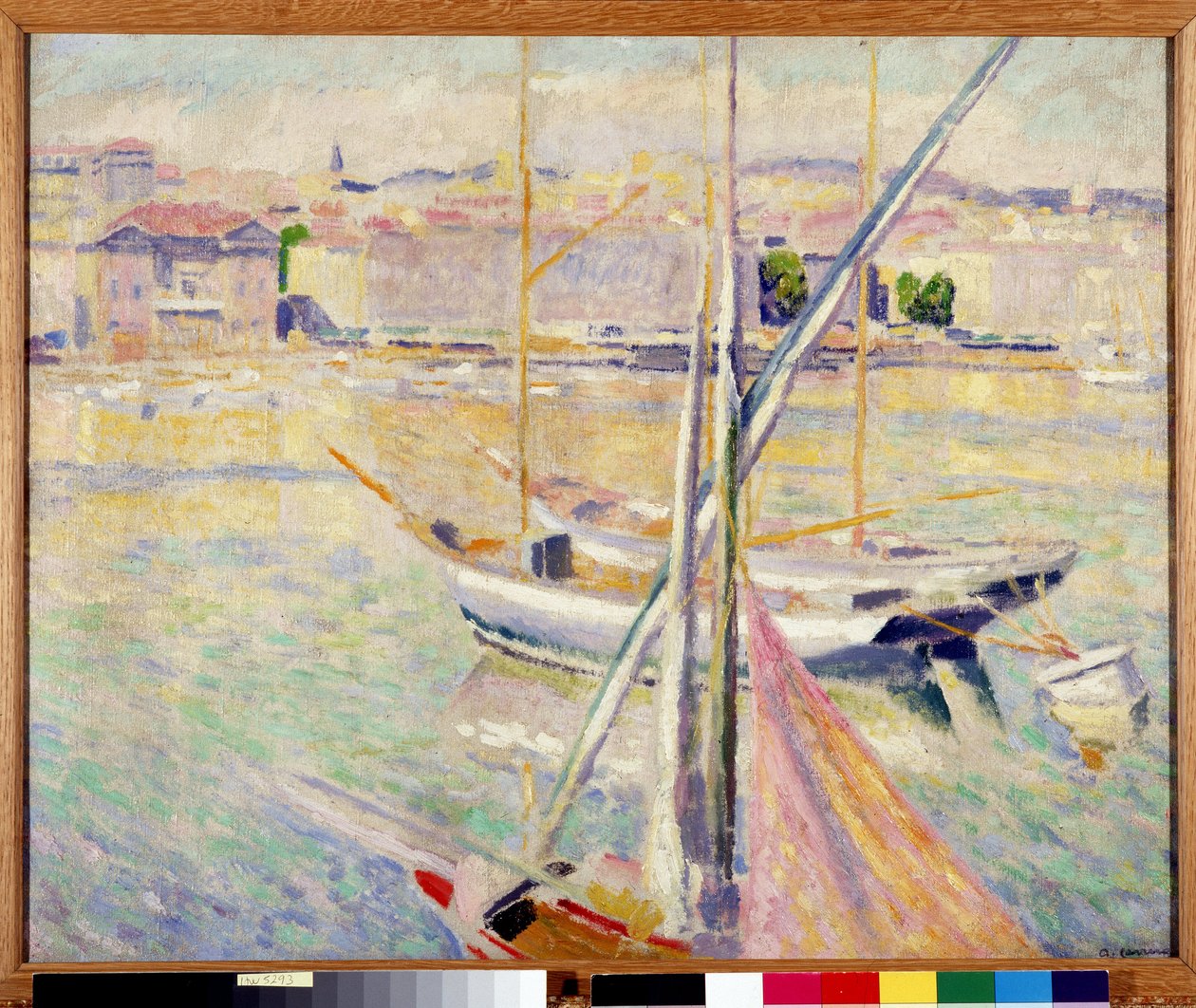 Veleiros no Antigo Porto de Marselha (óleo sobre tela) de Augustin Carrera