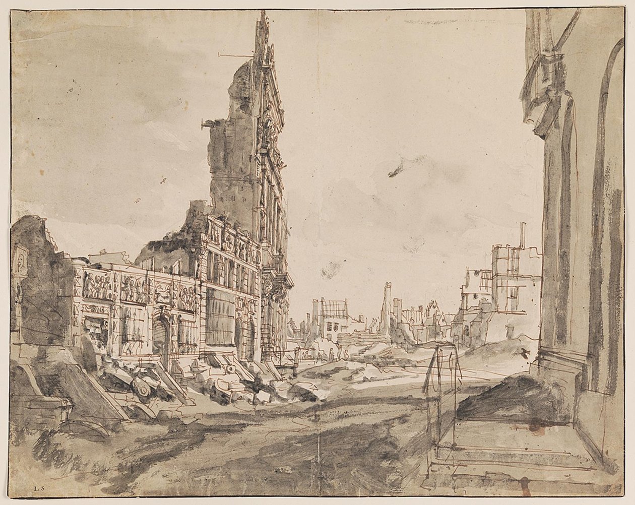Vista sobre os cantos nordeste e noroeste da Grand Place após o bombardeio de 1695 de Augustin Coppens