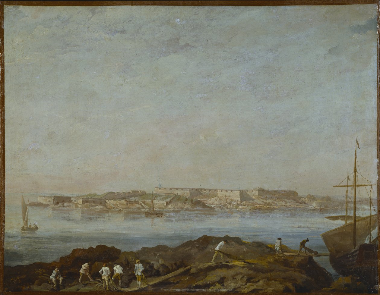 Vue de Sveaborg (ou Suomenlinna, Viapori) (Finlândia) - Vista de Sveaborg, de Ehrensvard, Augustin (1710-1772). Óleo sobre tela. Dimensão: 54x69,5 cm. Museu Nacional Estocolmo de Augustin Ehrensvard