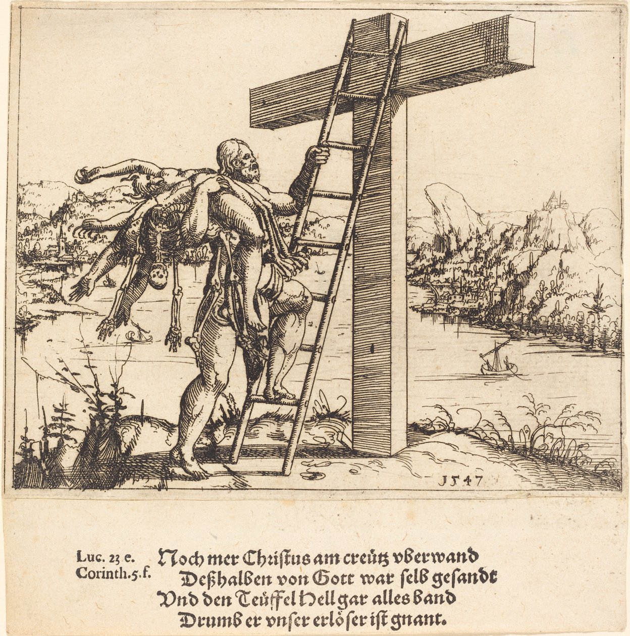 Cristo ascendendo à cruz com o pecado, a morte e o diabo, 1547. de Augustin Hirschvogel