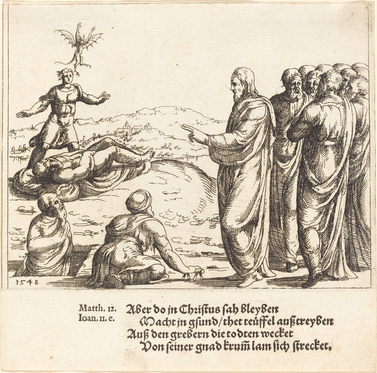 Cristo cura um demoníaco cego e mudo, 1548. de Augustin Hirschvogel