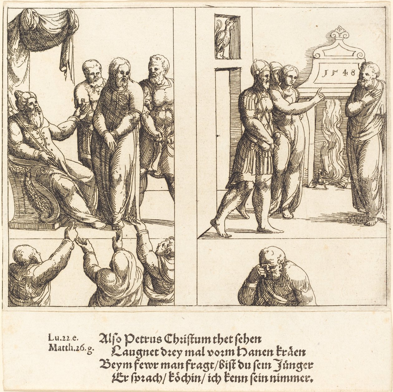 Cristo diante de Caifás e Pedro negando Cristo, 1548. de Augustin Hirschvogel