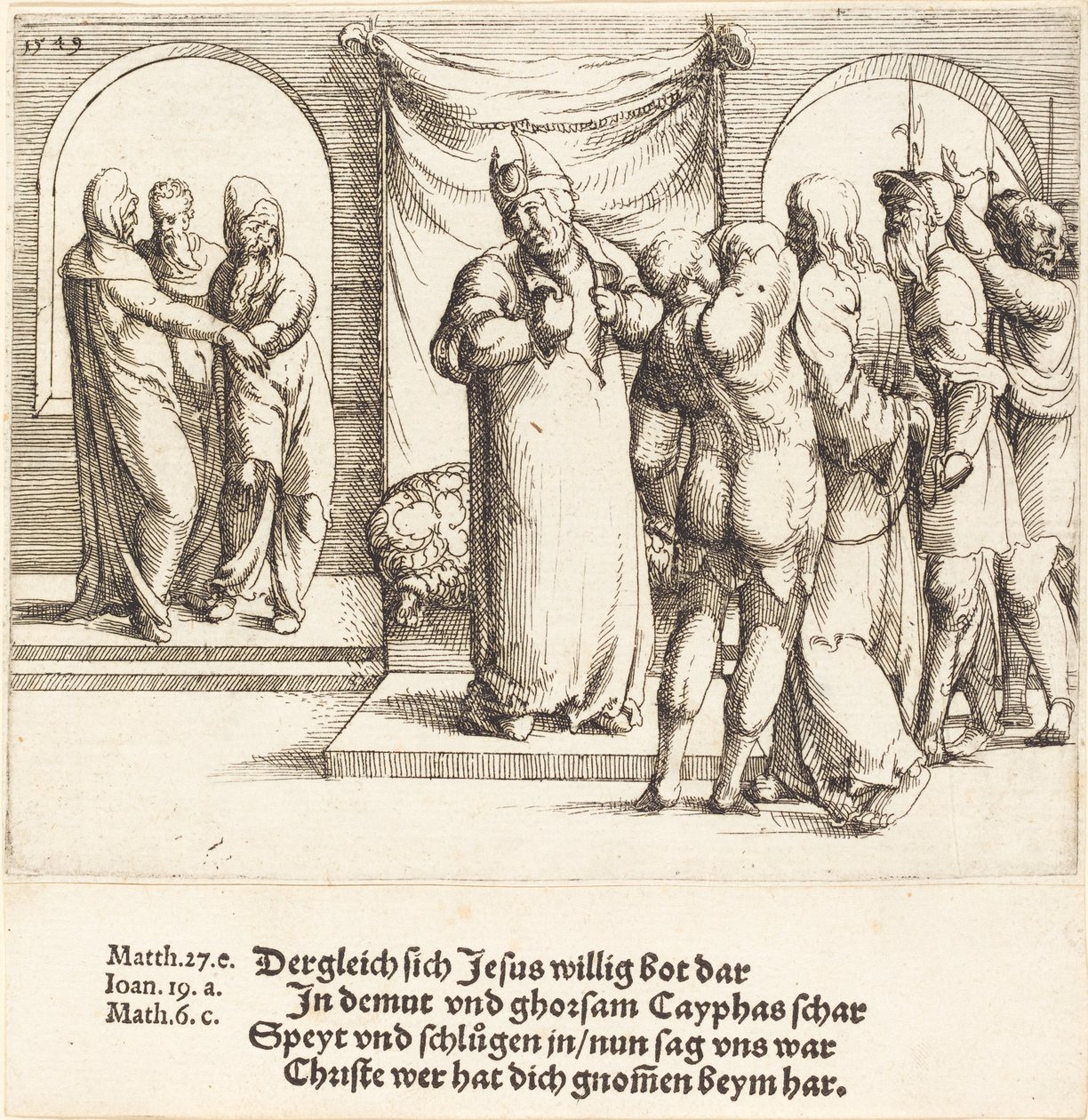 Cristo é escarnecido e Caifás rasga suas vestes, 1549. de Augustin Hirschvogel