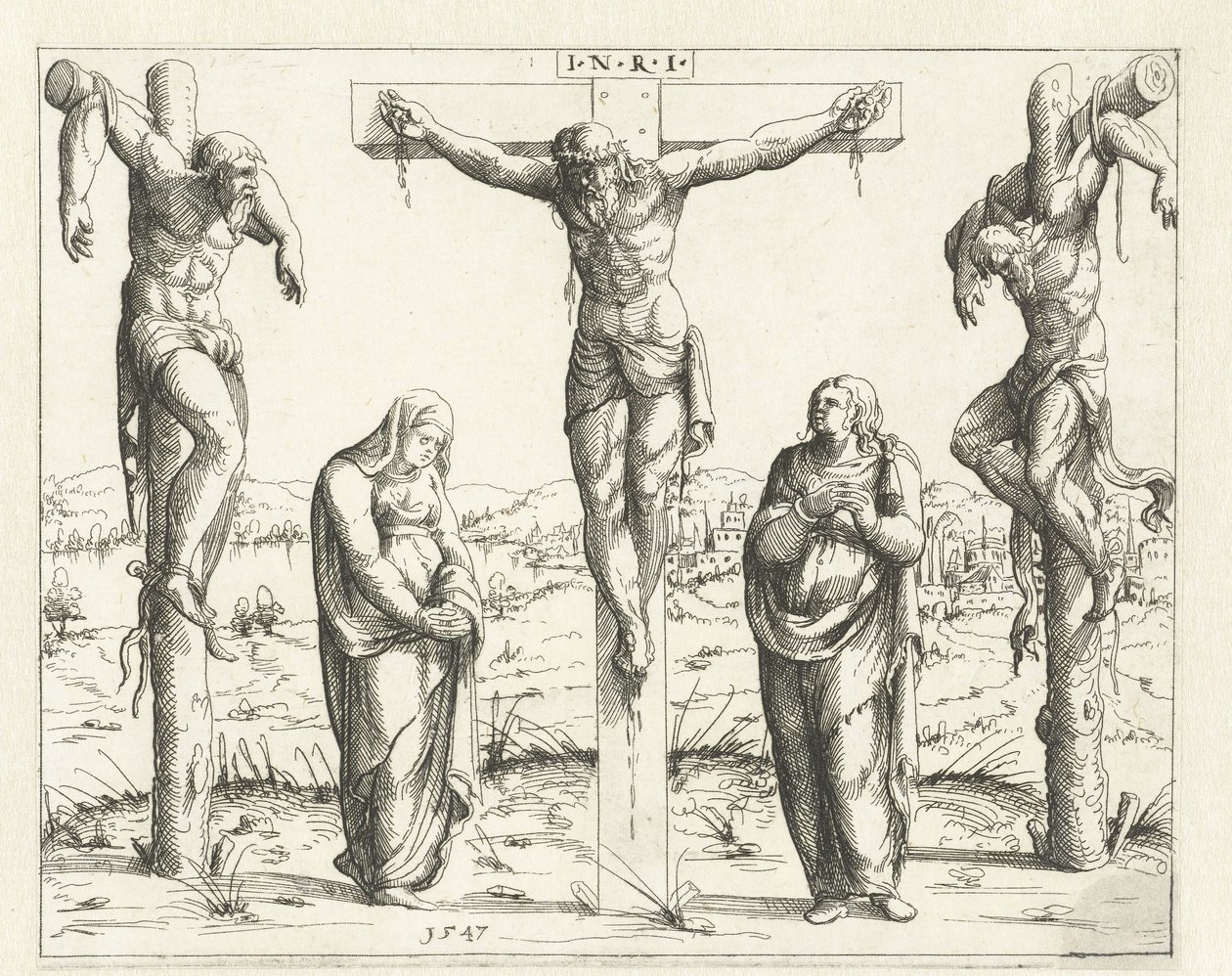 Cristo na Cruz e Maria e João Crucificação Concordância do Antigo e do Novo Testamento (título da série) Concordants alt und news Testaments (título da série) de Augustin Hirschvogel