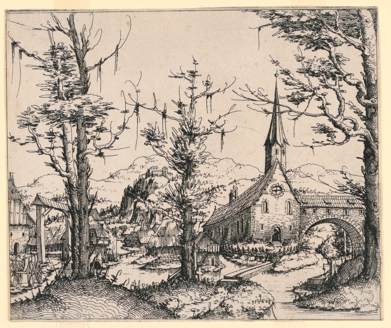 Igreja por um córrego, atravessada por uma ponte coberta de Augustin Hirschvogel