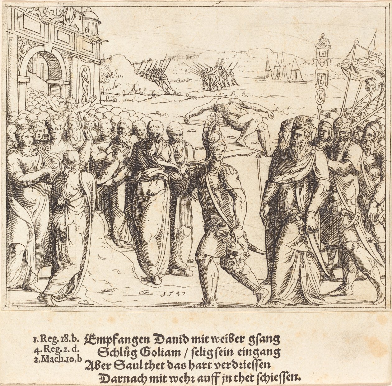 Davi é bem-vindo depois de matar Golias e o ciúme de Saul, 1547. de Augustin Hirschvogel