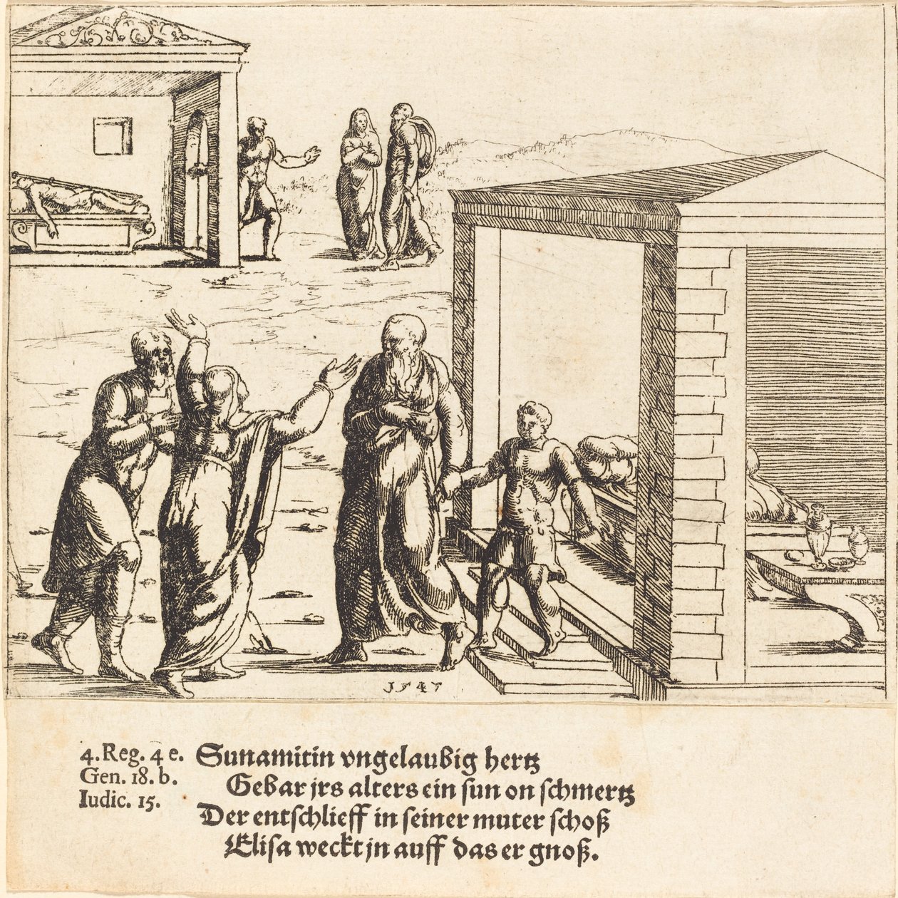 Eliseu ressuscita o filho da sunamita, 1547. de Augustin Hirschvogel