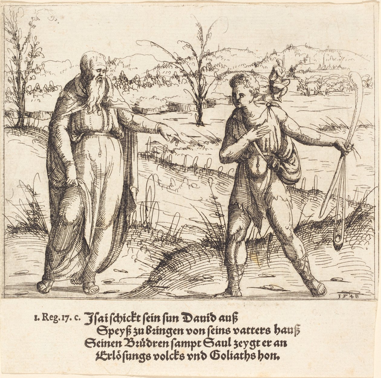 Jesse envia David para seus irmãos e Saul, 1548. de Augustin Hirschvogel