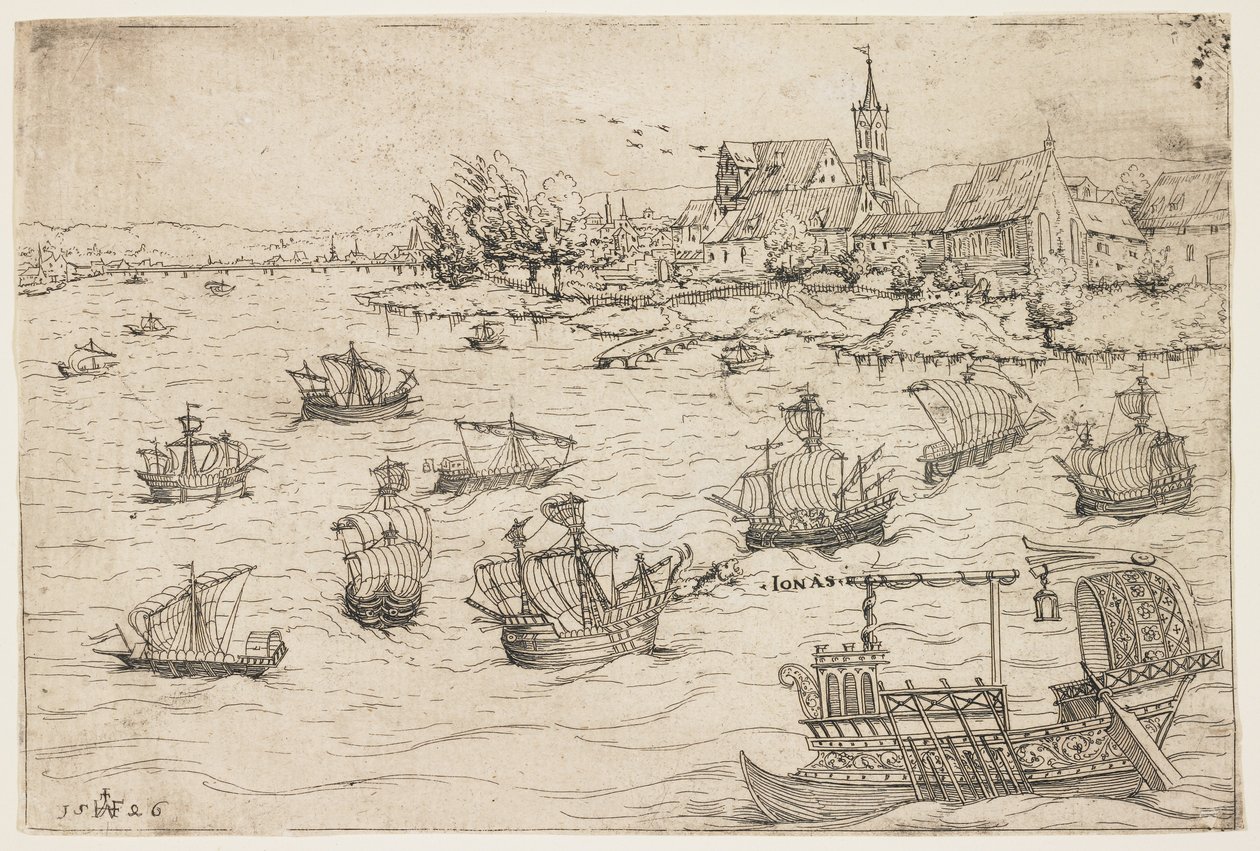 Jonas e a baleia em um lago com embarcações à vela, 1546 de Augustin Hirschvogel