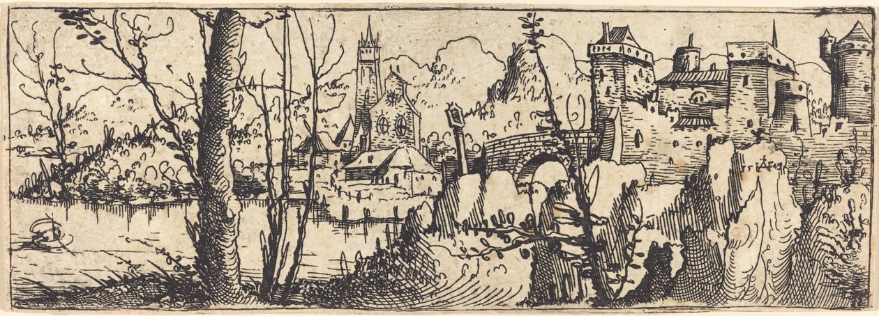 Paisagem com castelo à direita, cercado por rochas de Augustin Hirschvogel