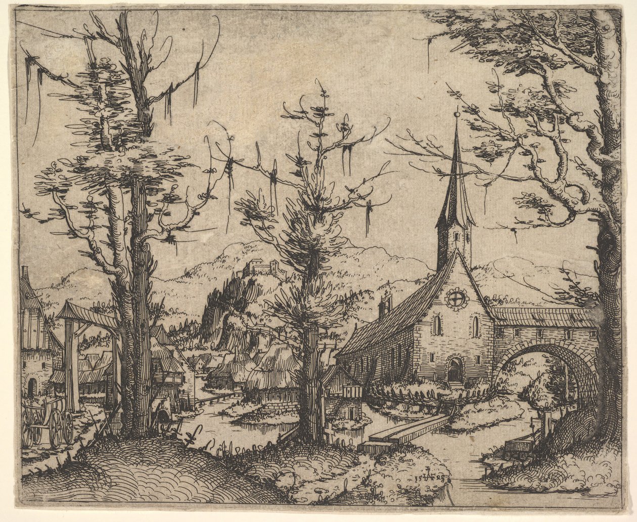 Paisagem com quatro árvores e uma igreja à direita, 1545. de Augustin Hirschvogel