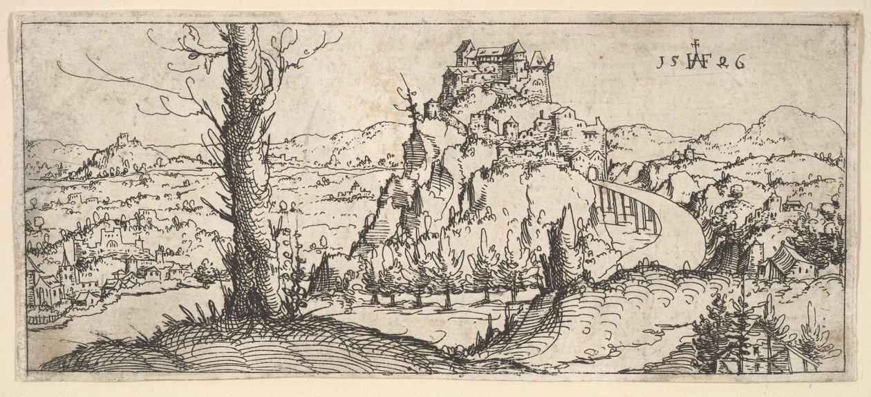 Paisagem com pedras altas e fortalezas, 1546. de Augustin Hirschvogel