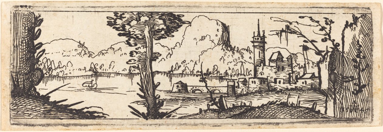 Paisagem com lago e cidade, 1545. de Augustin Hirschvogel