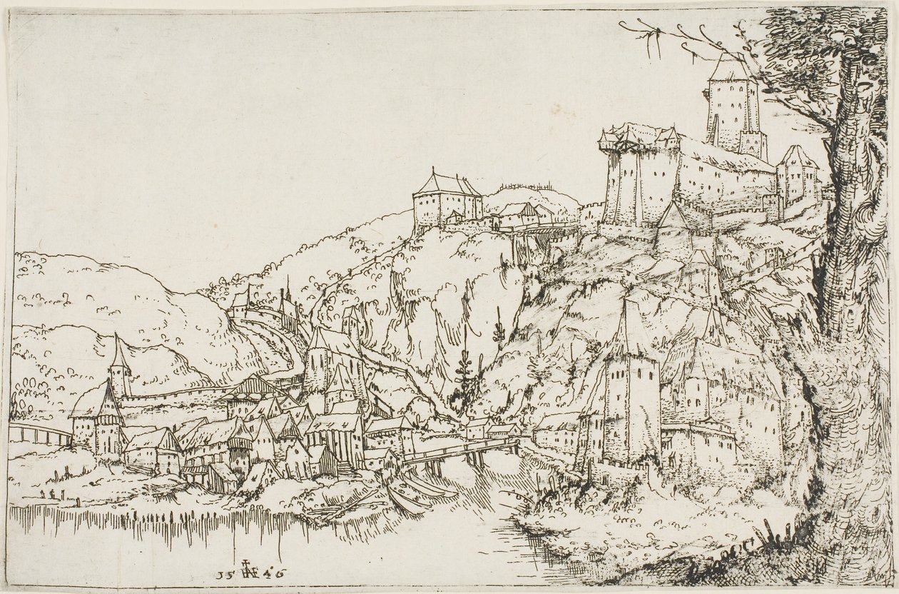 Paisagem com rio, cidade e castelo de Augustin Hirschvogel
