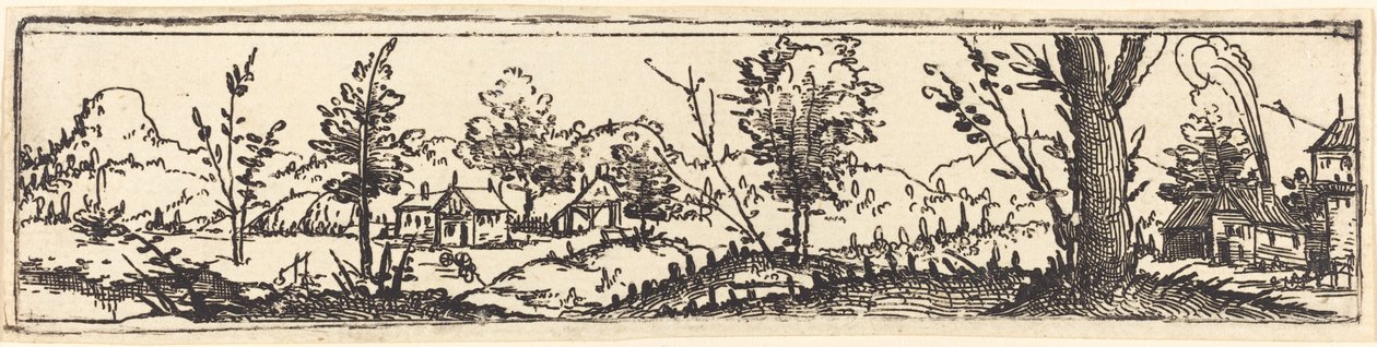 Paisagem com Seis Árvores Solteiras e Três Quintinhas. de Augustin Hirschvogel