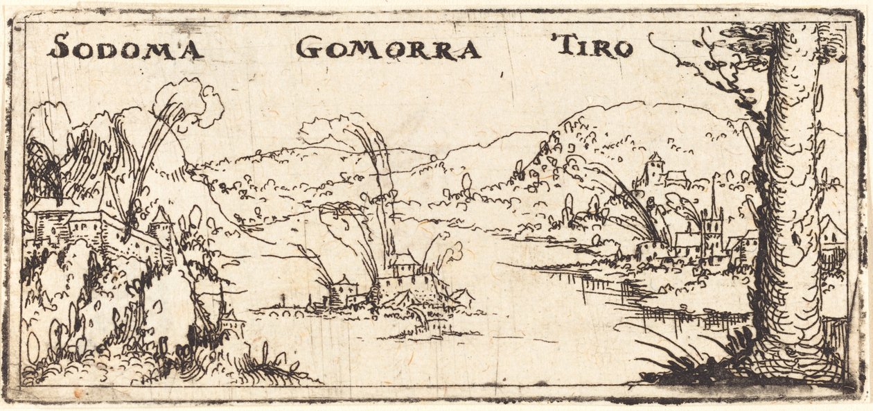Paisagem com três cidades em chamas: Sodoma, Gomorra e Tiro. de Augustin Hirschvogel