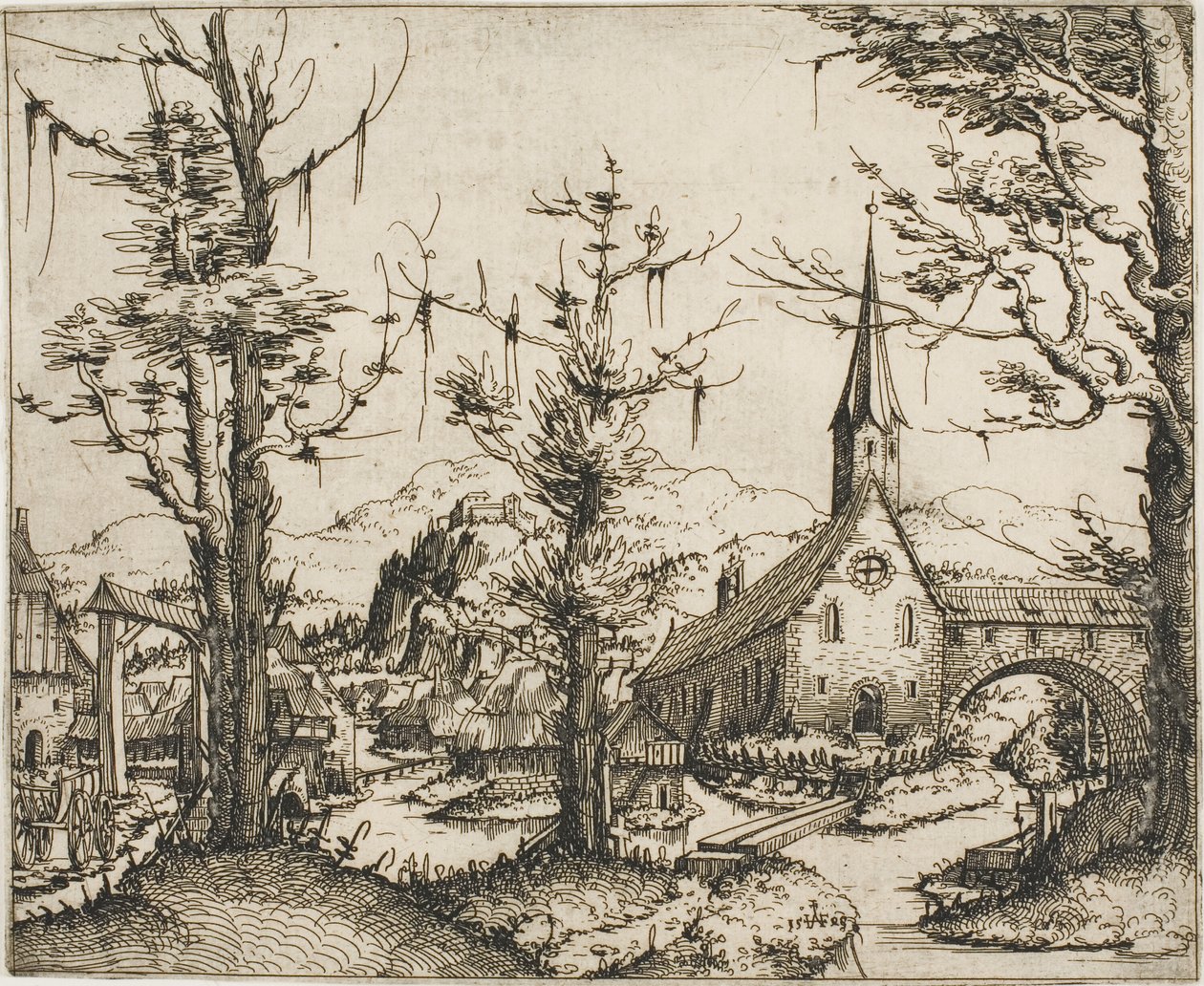 Paisagem com uma igreja e uma ponte coberta de Augustin Hirschvogel