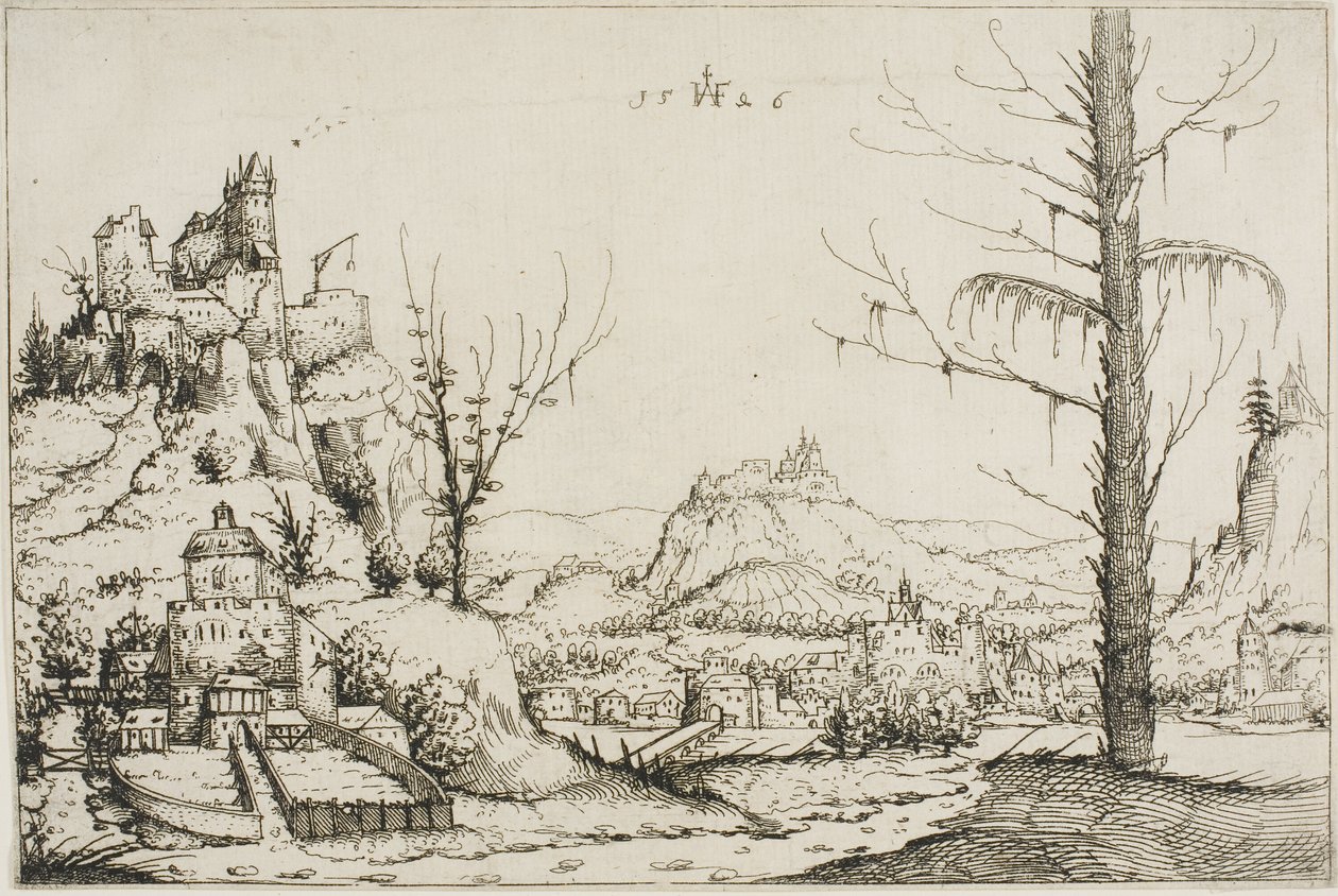 Paisagem com uma fortaleza em uma colina de Augustin Hirschvogel