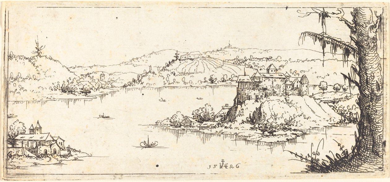 Paisagem com um grande lago no centro de Augustin Hirschvogel