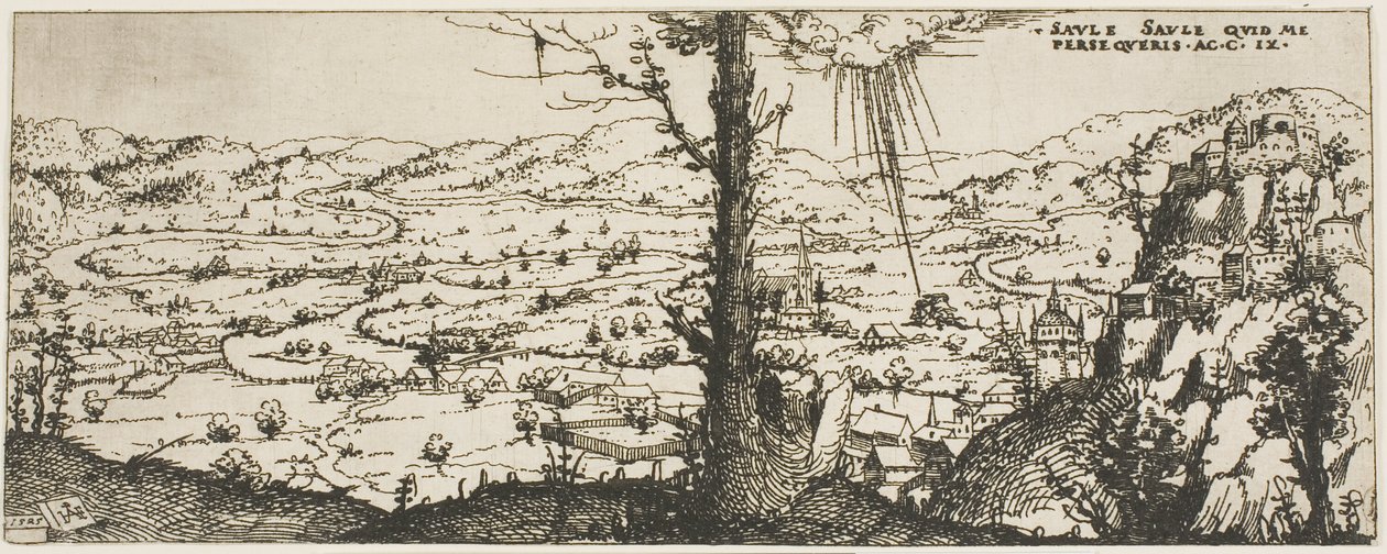 Paisagem com uma árvore no centro do primeiro plano de Augustin Hirschvogel