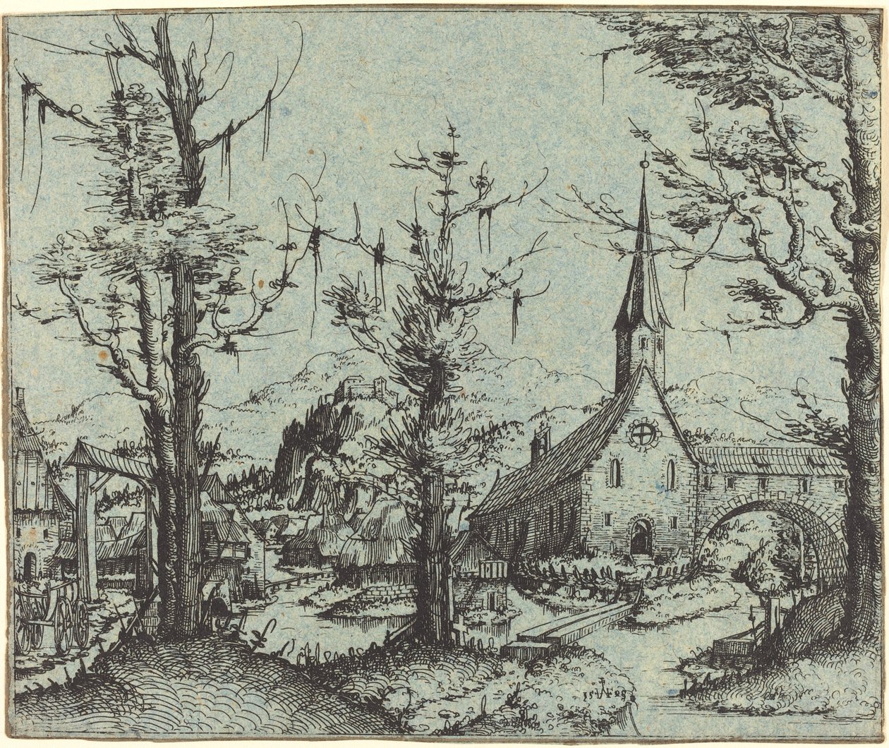 Paisagem com uma igreja da vila de Augustin Hirschvogel