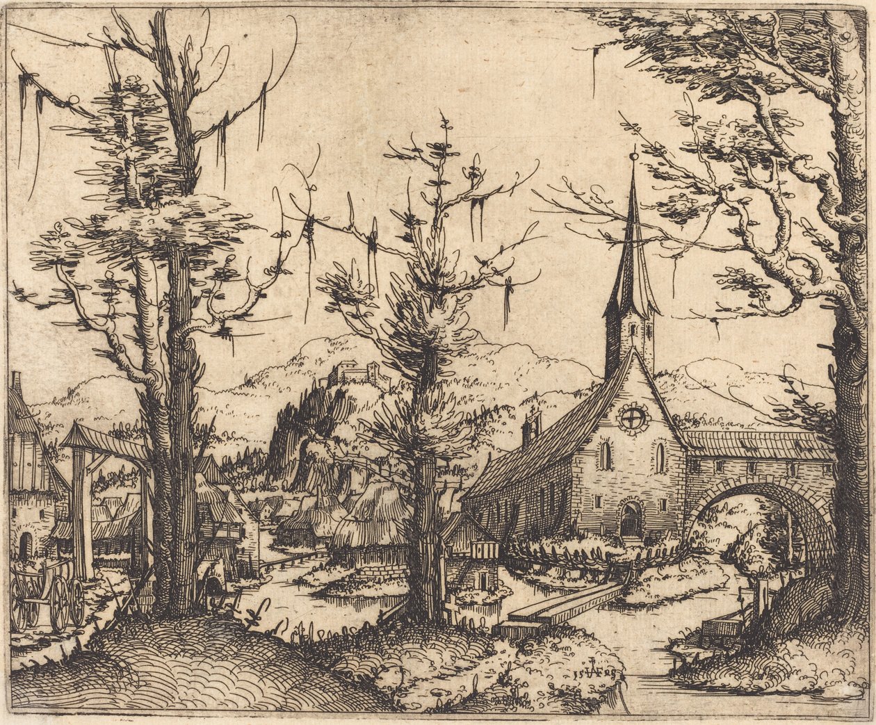 Paisagem com Igreja da Aldeia, 1545. de Augustin Hirschvogel