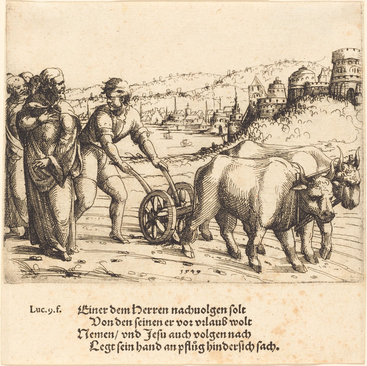 Ninguém que põe a mão no arado e olha para trás é um seguidor de Cristo, 1549. de Augustin Hirschvogel