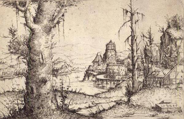 P.9-1993 Paisagem do rio com uma árvore robusta de Augustin Hirschvogel