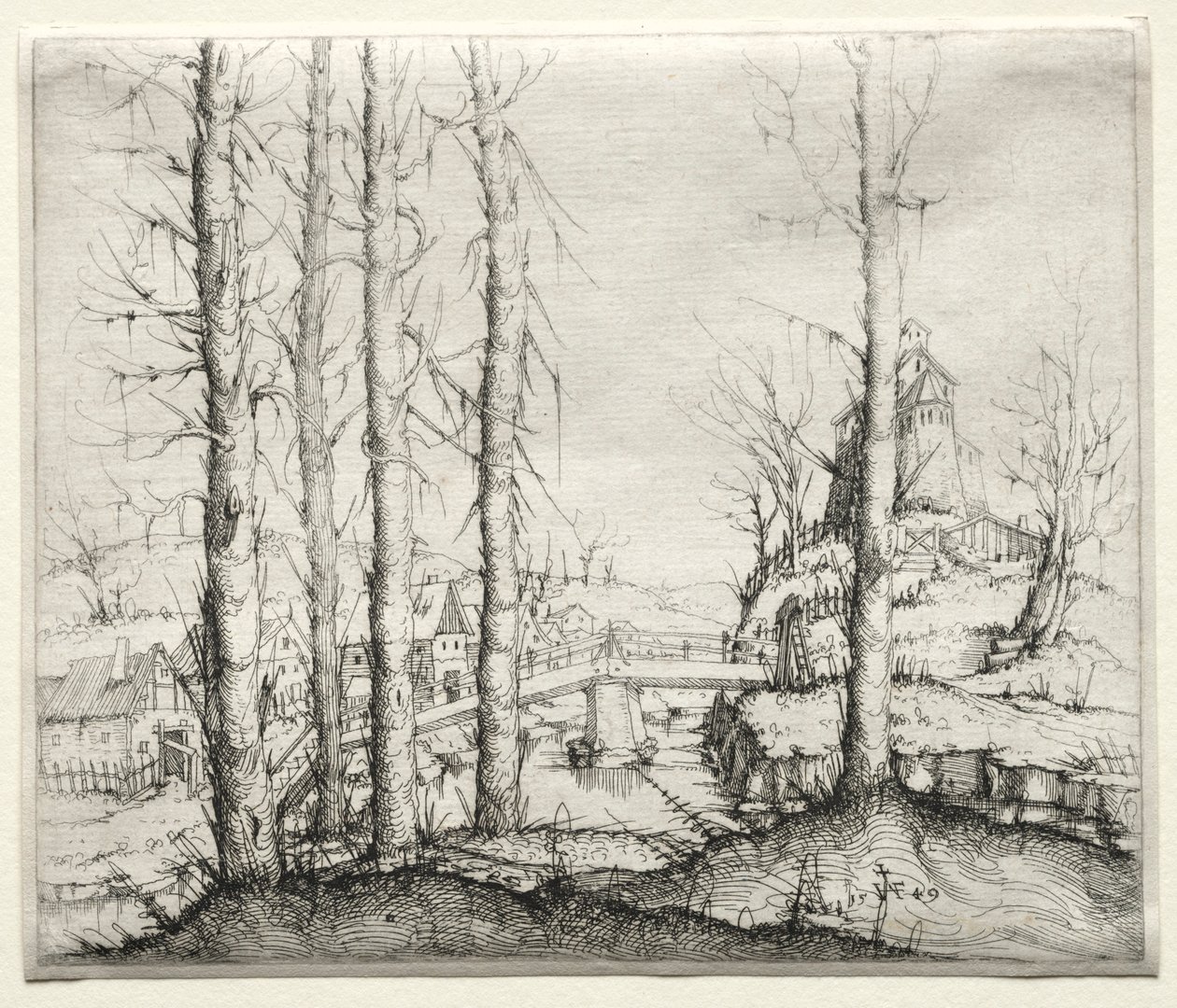 Paisagem do rio com as cinco árvores Spruce desencapadas no primeiro plano, 1549. de Augustin Hirschvogel