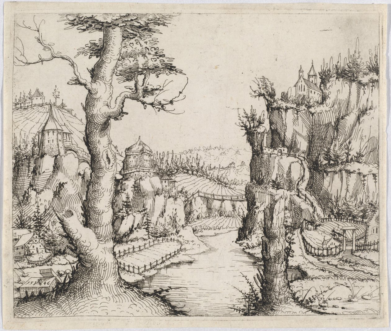 Paisagem fluvial com altas falésias de Augustin Hirschvogel