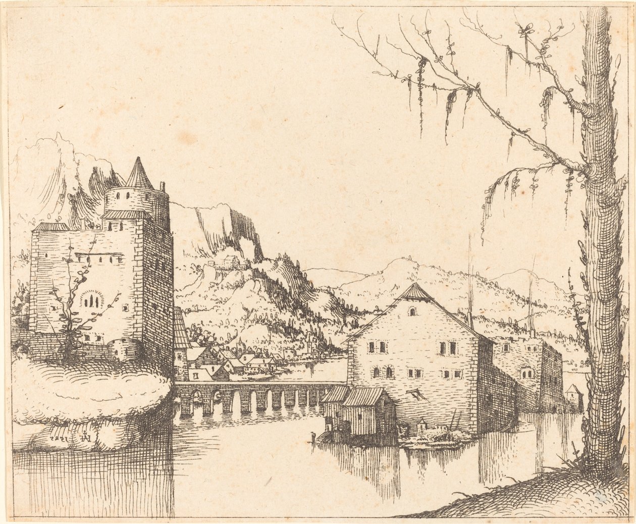 Paisagem fluvial com casas na ilha de Augustin Hirschvogel