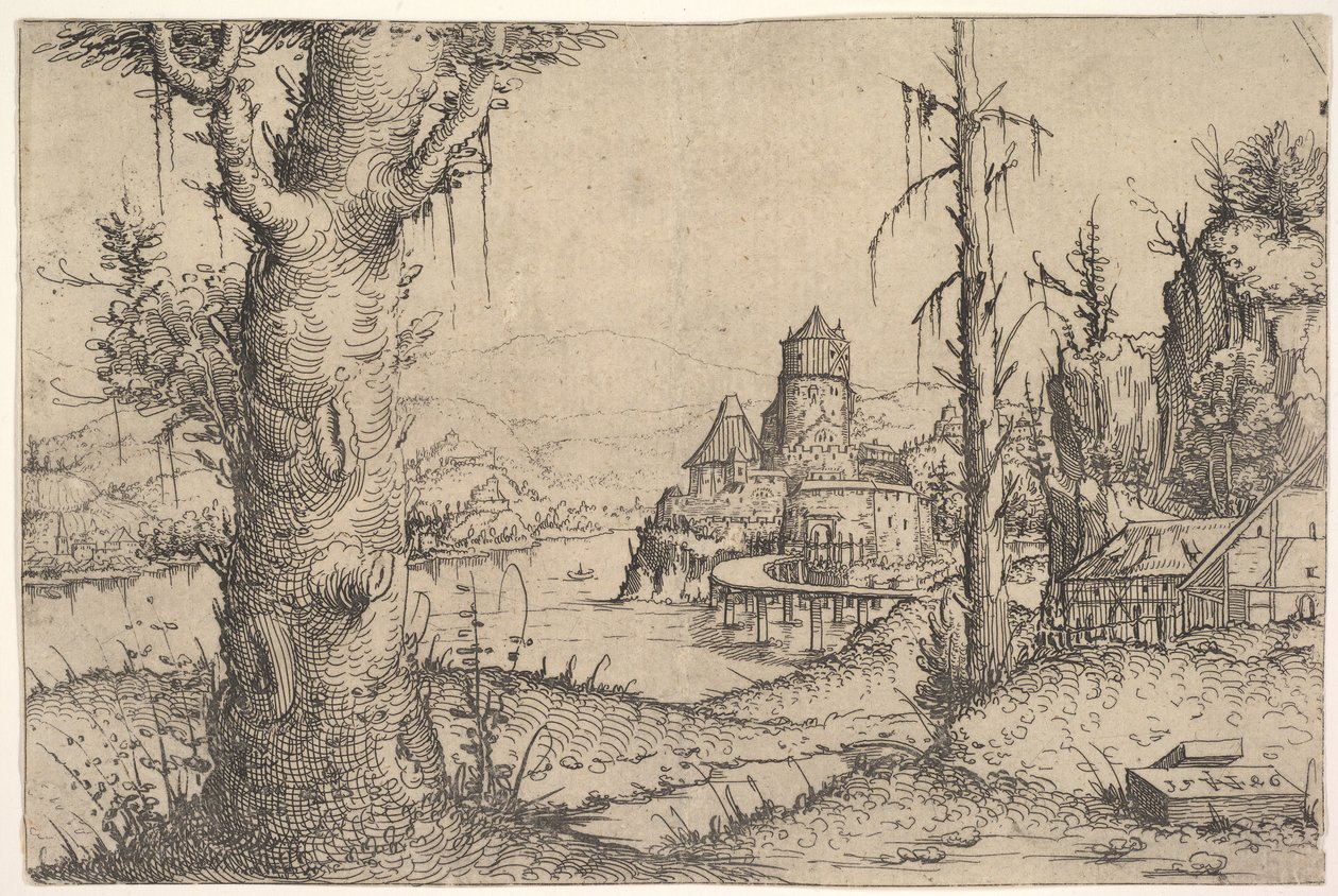 Paisagem do rio com a grande árvore à esquerda, 1546. de Augustin Hirschvogel