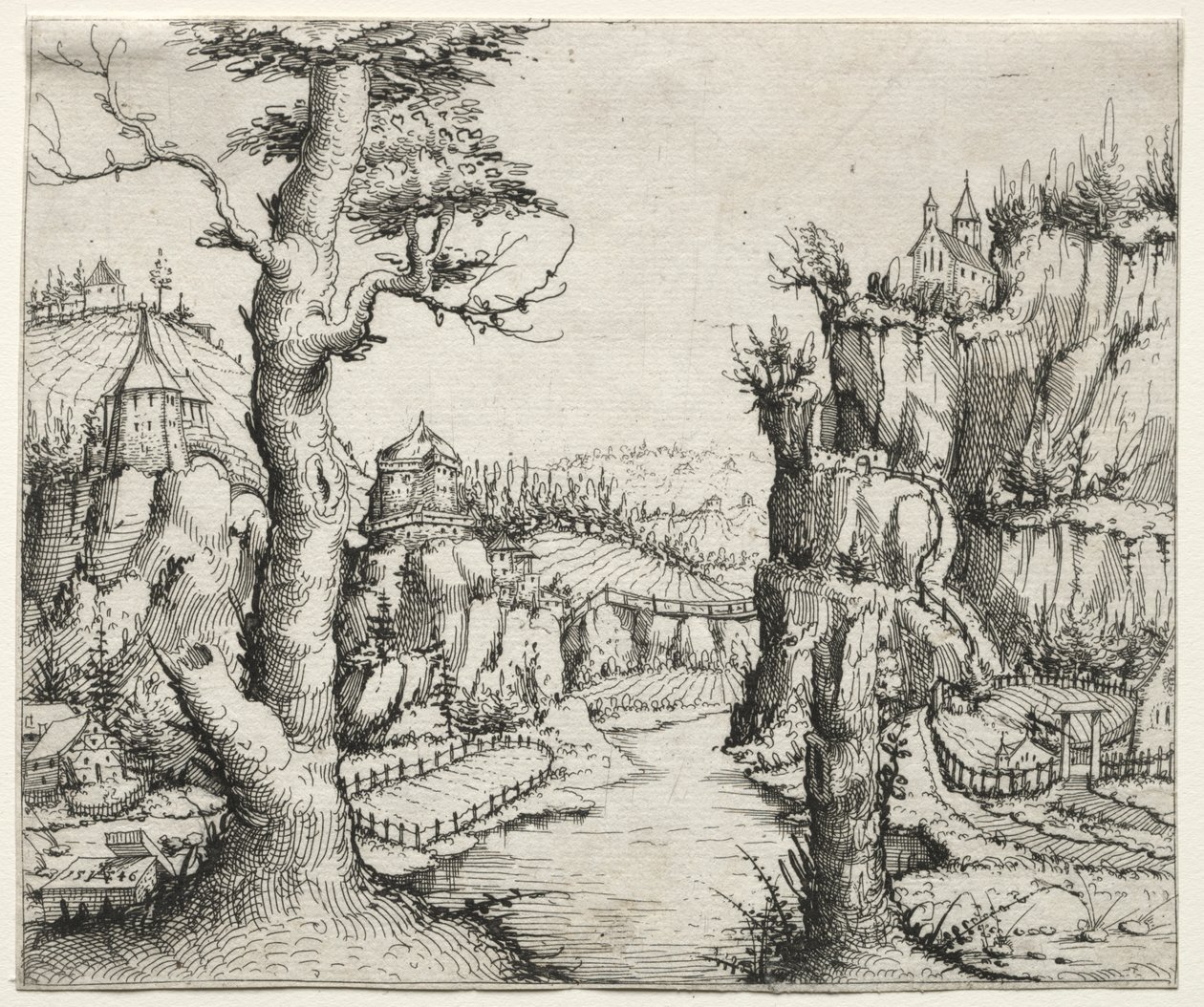 Paisagem fluvial com rochas à esquerda e à direita de Augustin Hirschvogel