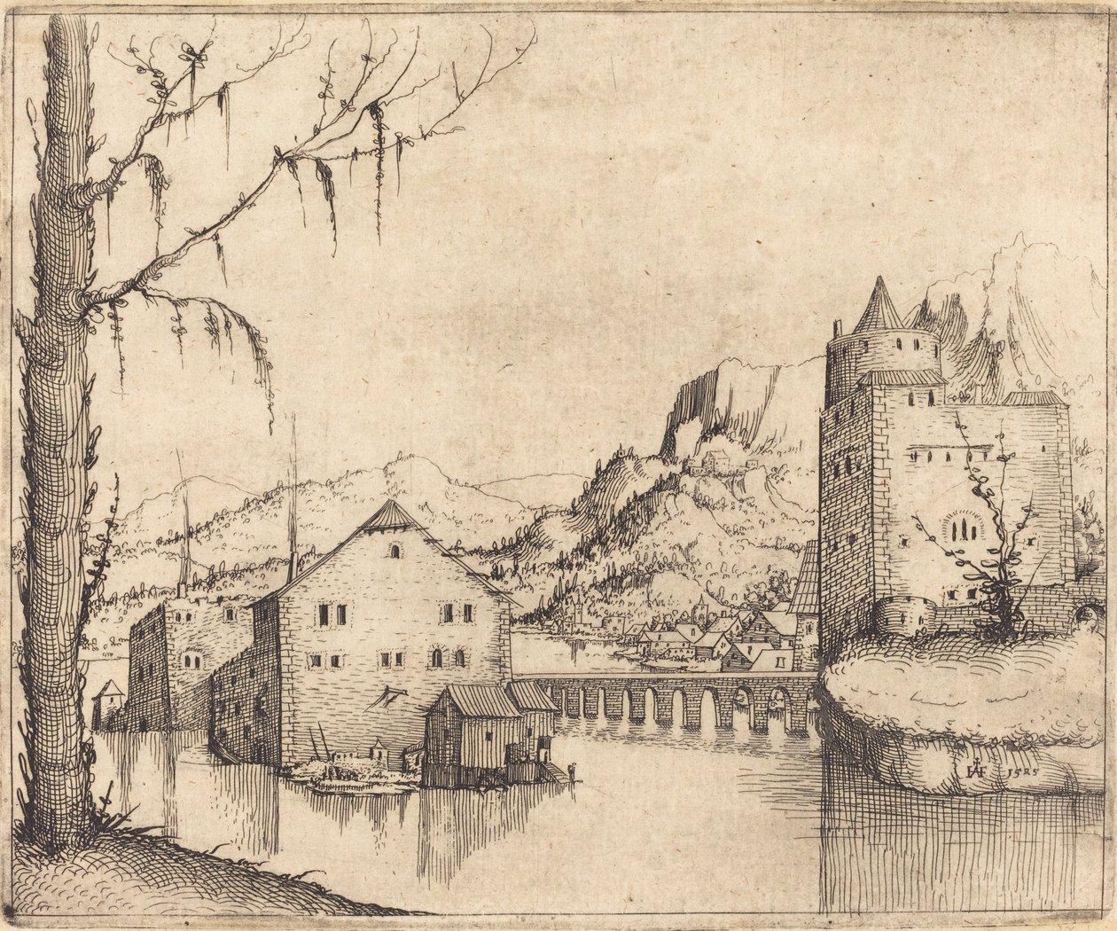 Paisagem fluvial com dois edifícios, 1545. de Augustin Hirschvogel